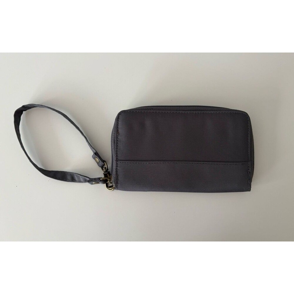Travelon Wallet Clutch Wristlet  Zip around Wrist Strap Gray Burnt Orange Lining